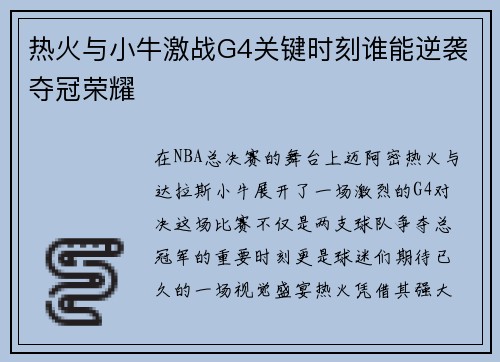 热火与小牛激战G4关键时刻谁能逆袭夺冠荣耀