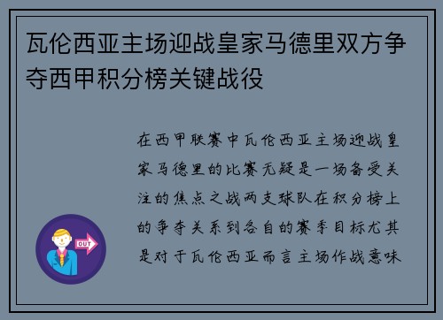 瓦伦西亚主场迎战皇家马德里双方争夺西甲积分榜关键战役