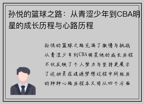 孙悦的篮球之路：从青涩少年到CBA明星的成长历程与心路历程