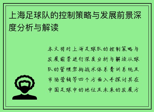 上海足球队的控制策略与发展前景深度分析与解读